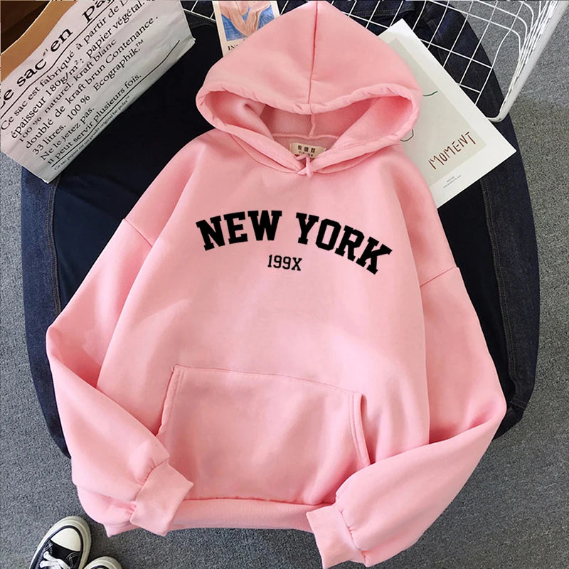 Female 2020 Thicken Warm Hoodies Lady Autumn Tops NEW Sweatshirts Velvet Winter Women's NEW YORK Printing Hooded Hoodies