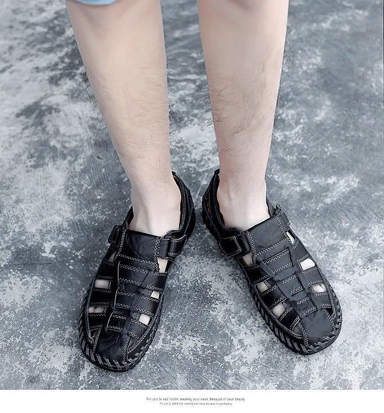 New Summer Genuine Leather Roman Men's Sandals Business Casual Shoes Outdoor Beach Wading Slippers Men's Shoes Big Size 38-47