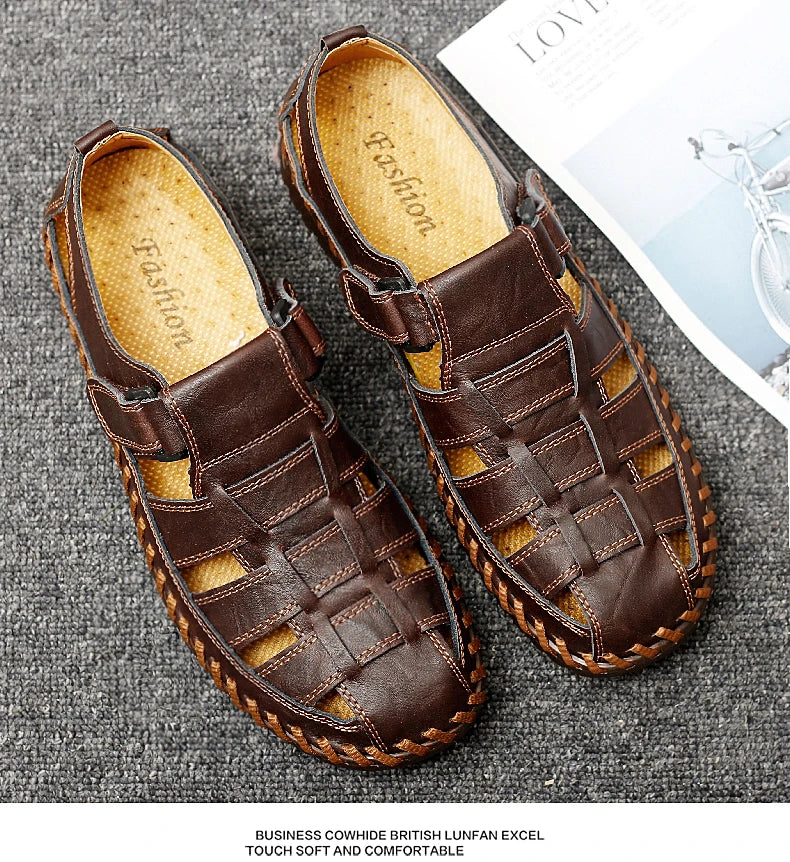 New Summer Genuine Leather Roman Men's Sandals Business Casual Shoes Outdoor Beach Wading Slippers Men's Shoes Big Size 38-47