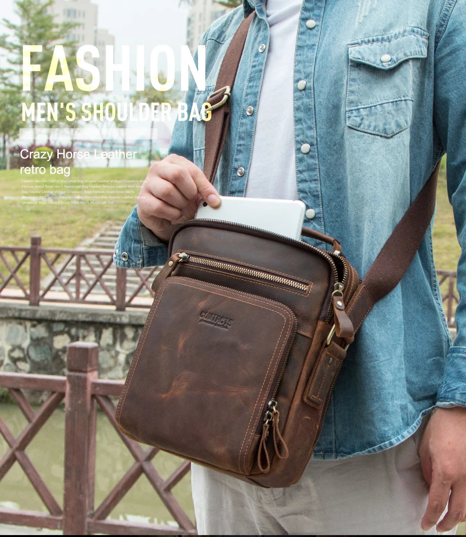 CONTACT'S Crazy Horse Leather Men's Shoulder Bag Vintage Messenger Bags Men Bolsos Male Crossbody Bags Man's Handbag Sling Bag