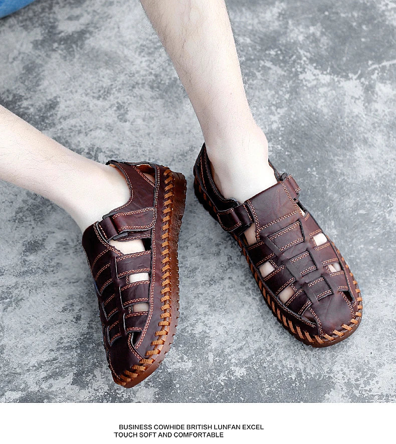 New Summer Genuine Leather Roman Men's Sandals Business Casual Shoes Outdoor Beach Wading Slippers Men's Shoes Big Size 38-47