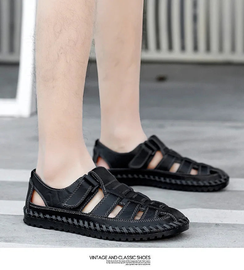 New Summer Genuine Leather Roman Men's Sandals Business Casual Shoes Outdoor Beach Wading Slippers Men's Shoes Big Size 38-47