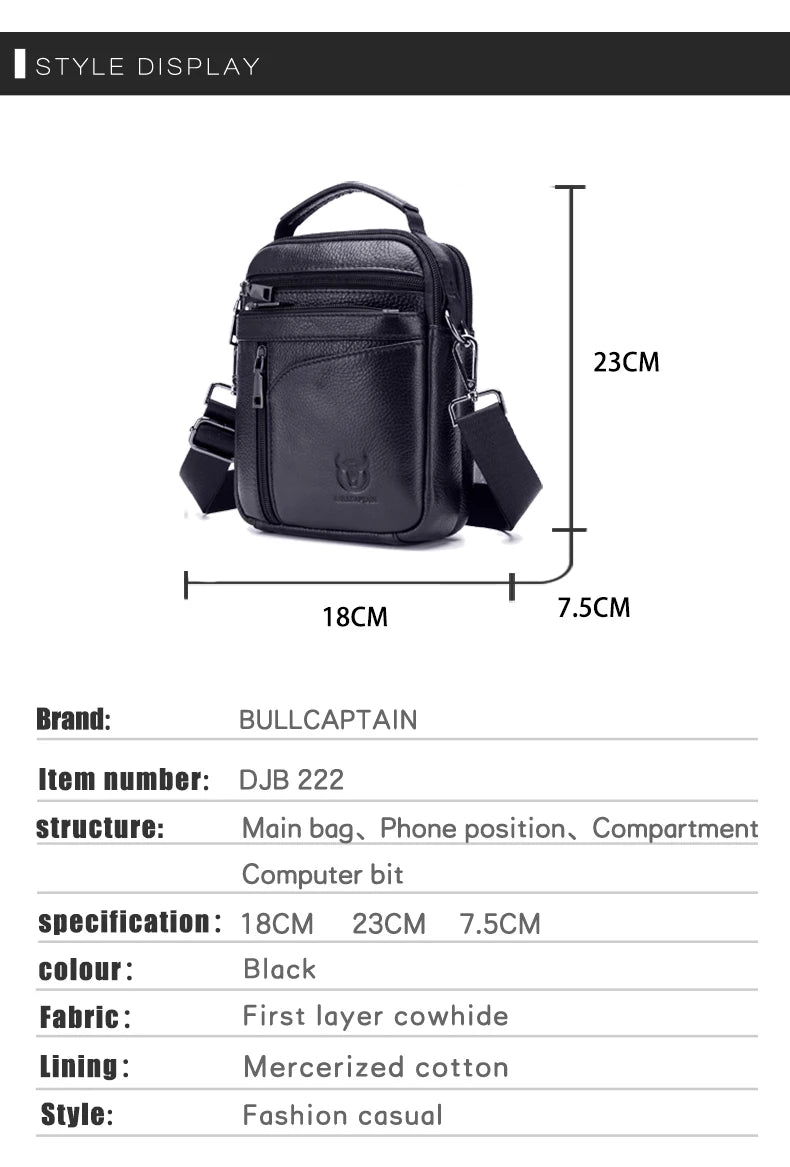 BULLCAPTAIN  New Men Bag Genuine Leather Man Brand Crossbody Shoulder Bag Small Business Bags Male Messenger Leather Bags