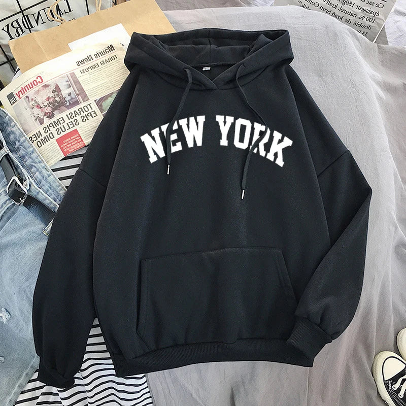 Female 2020 Thicken Warm Hoodies Lady Autumn Tops NEW Sweatshirts Velvet Winter Women's NEW YORK Printing Hooded Hoodies