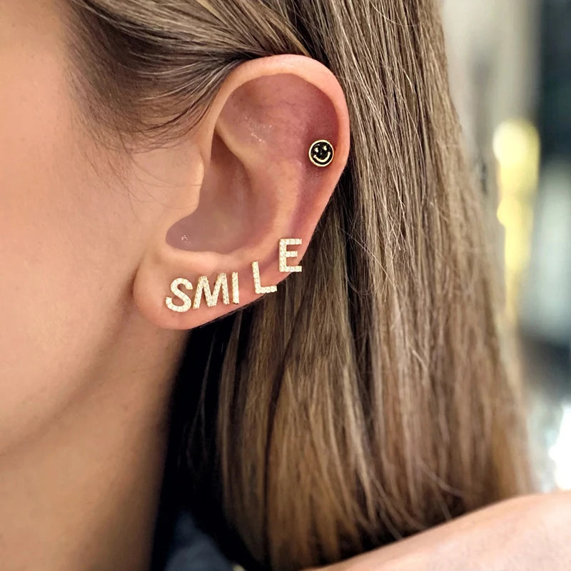 925 Sterling Silver Ear Needle Enamel Smile Face Gold Pendant Earrings Hoop Ear Buckle Party Fashion Jewelry Girl Birthday Gift