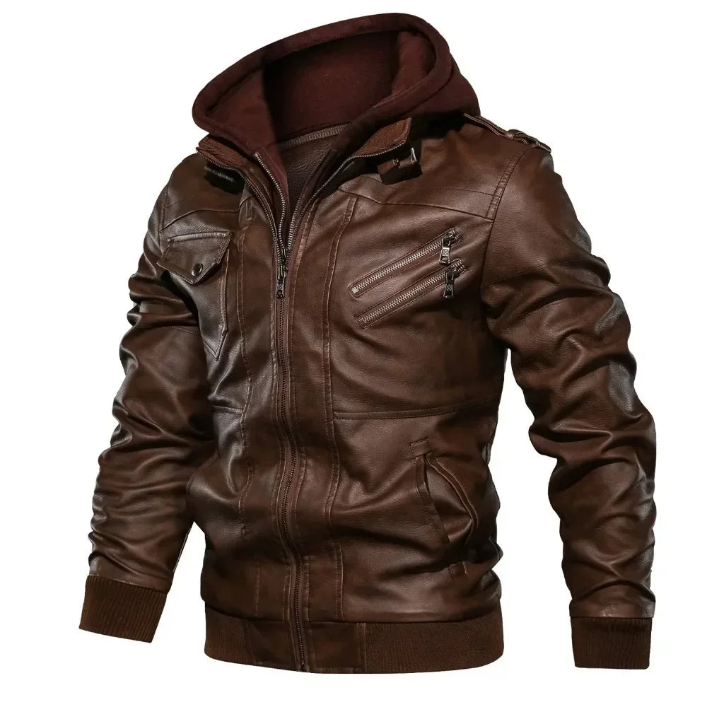 Mandylandy Biker Leather Jacket Men Zipper Pu Jacket Autumn Detachable Hat Casual Leather Clothing Hooded Autumn Locomotive Coat