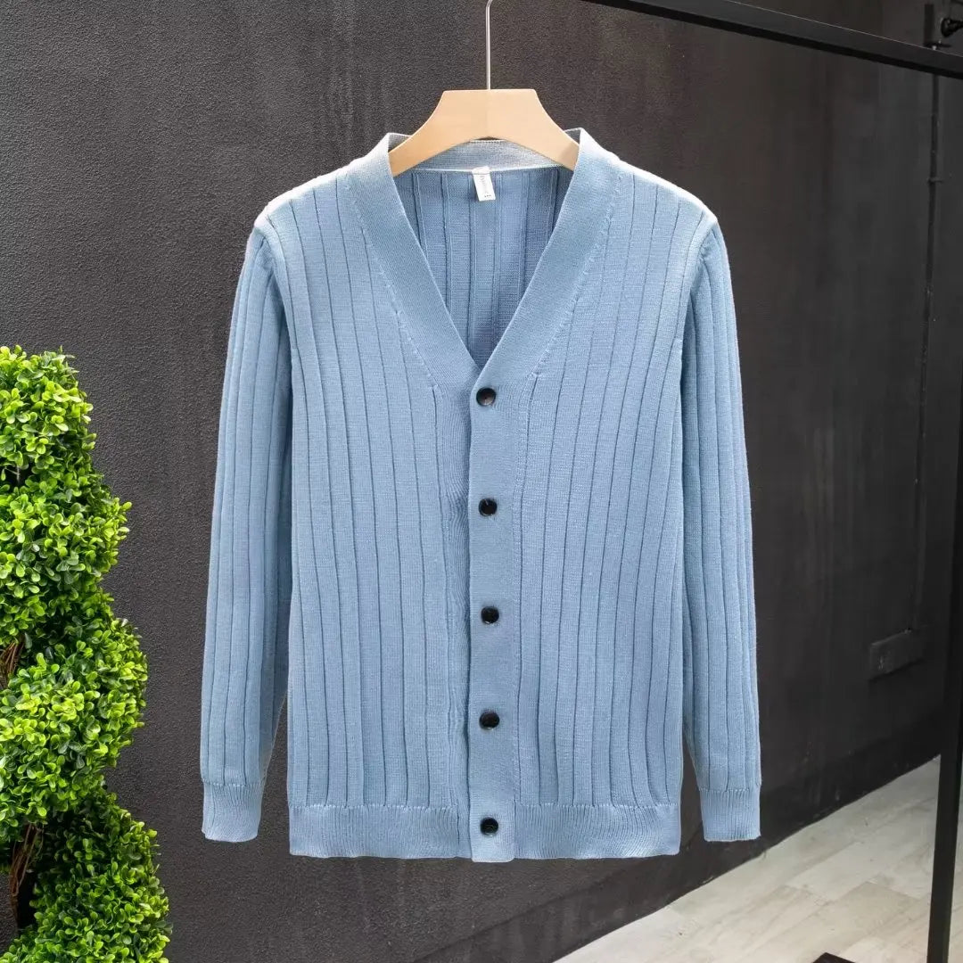 Men Cardigan Temperament Daily Simple Hong Kong Style Handsome Advanced Single Breasted V-neck Knitting Swewaters Pure Color