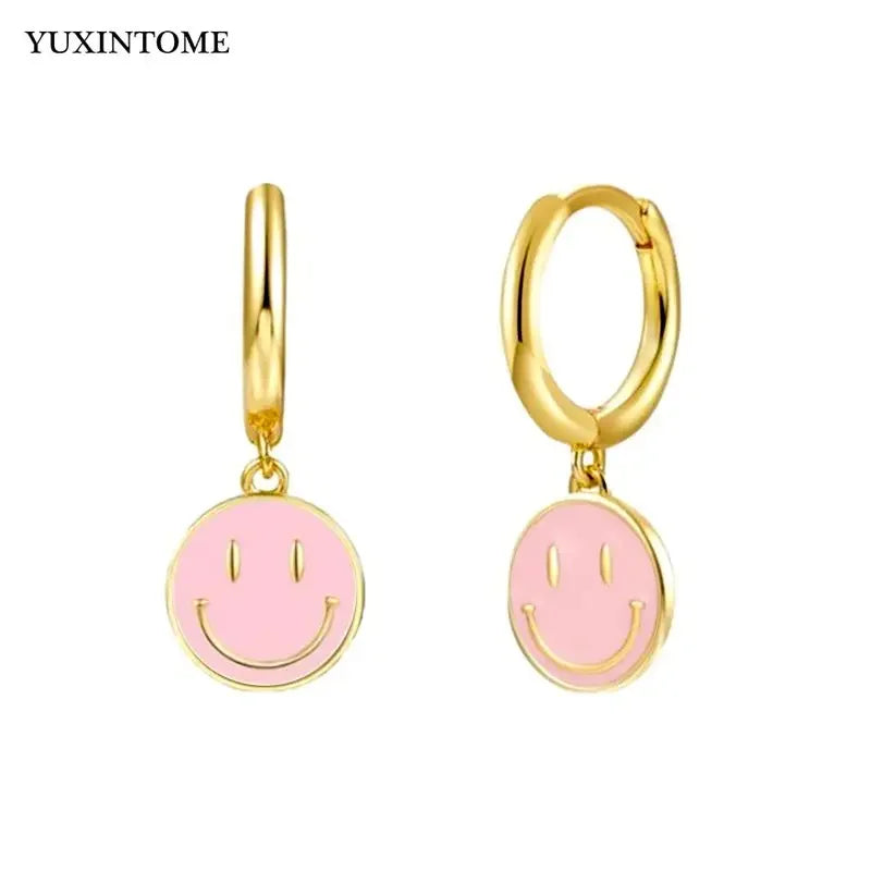 925 Sterling Silver Ear Needle Enamel Smile Face Gold Pendant Earrings Hoop Ear Buckle Party Fashion Jewelry Girl Birthday Gift