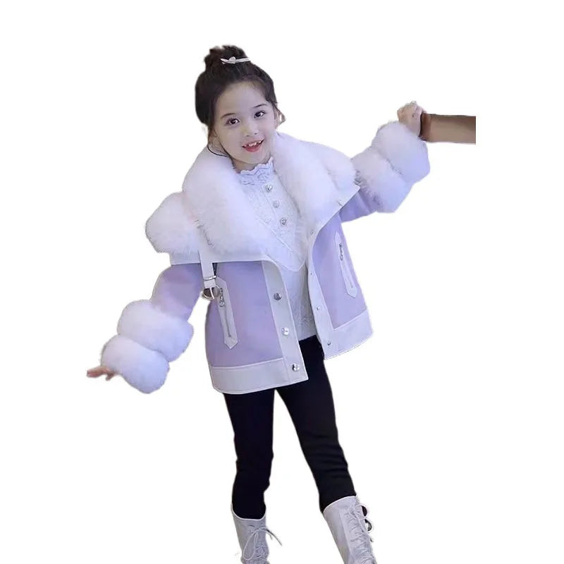 Girls Velvet Padded Thickened Coat2024Autumn and Winter Princess Children's Fur Integrated Furry Sweater