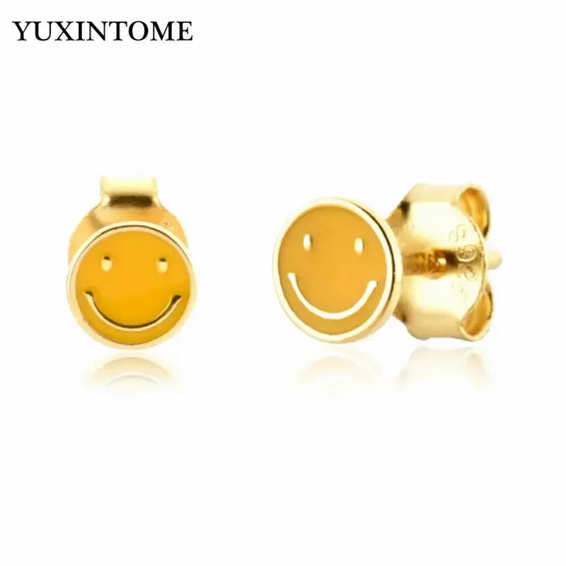 925 Sterling Silver Ear Needle Enamel Smile Face Gold Pendant Earrings Hoop Ear Buckle Party Fashion Jewelry Girl Birthday Gift