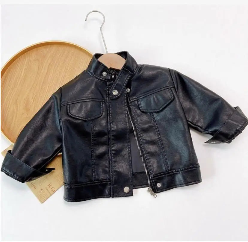 Children's Spring Autumn Korean Leather jacket Girl's lstand-up collar PU leather jacket Boy's short zippered leather jacket1-6Y