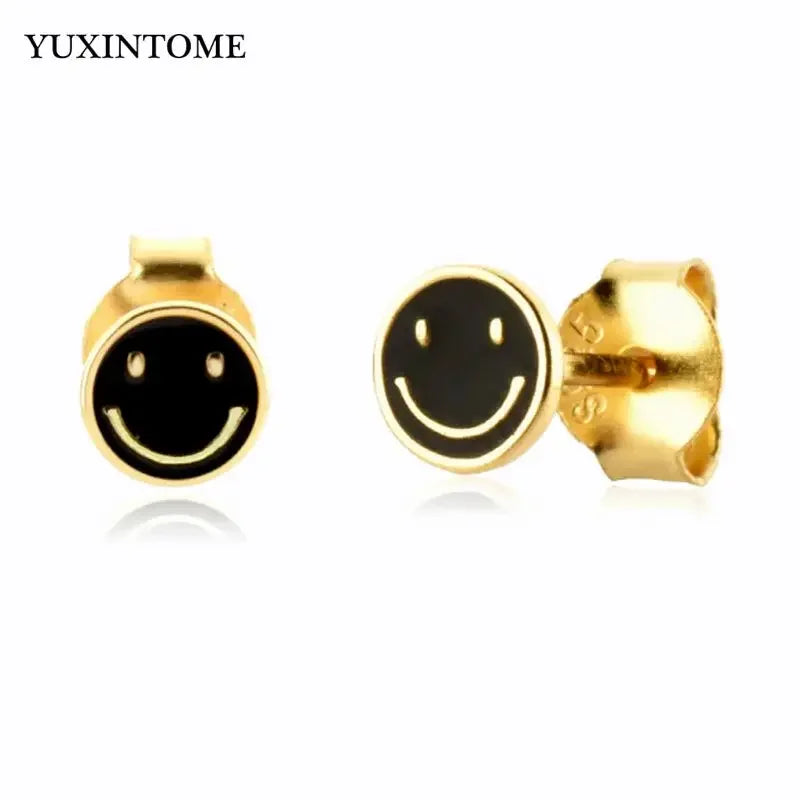 925 Sterling Silver Ear Needle Enamel Smile Face Gold Pendant Earrings Hoop Ear Buckle Party Fashion Jewelry Girl Birthday Gift