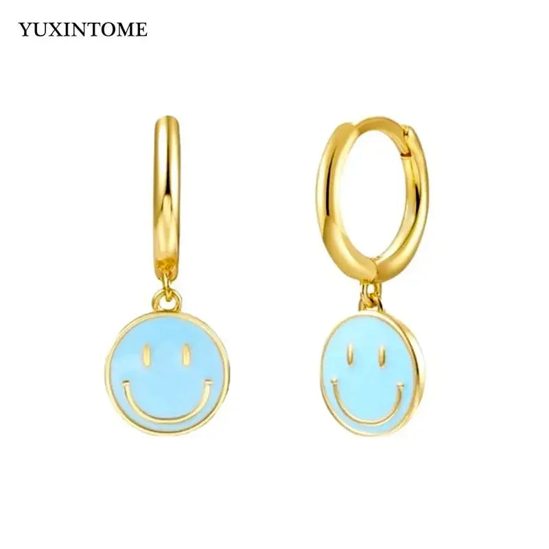 925 Sterling Silver Ear Needle Enamel Smile Face Gold Pendant Earrings Hoop Ear Buckle Party Fashion Jewelry Girl Birthday Gift