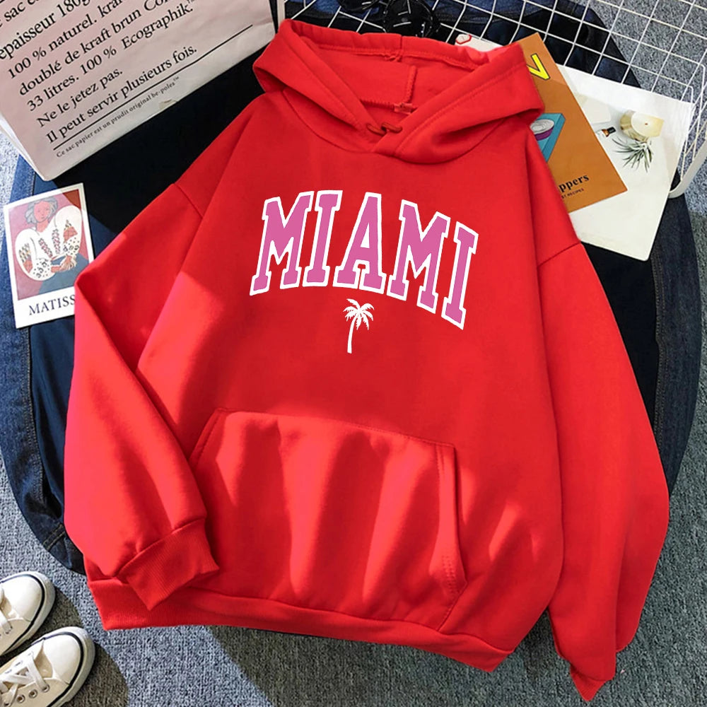 Miami Beach, Florida Usa Street Womens Hoodie Street Loose Hoodies Breathable Fleece Streetwear Casual Fleece Female Clothing