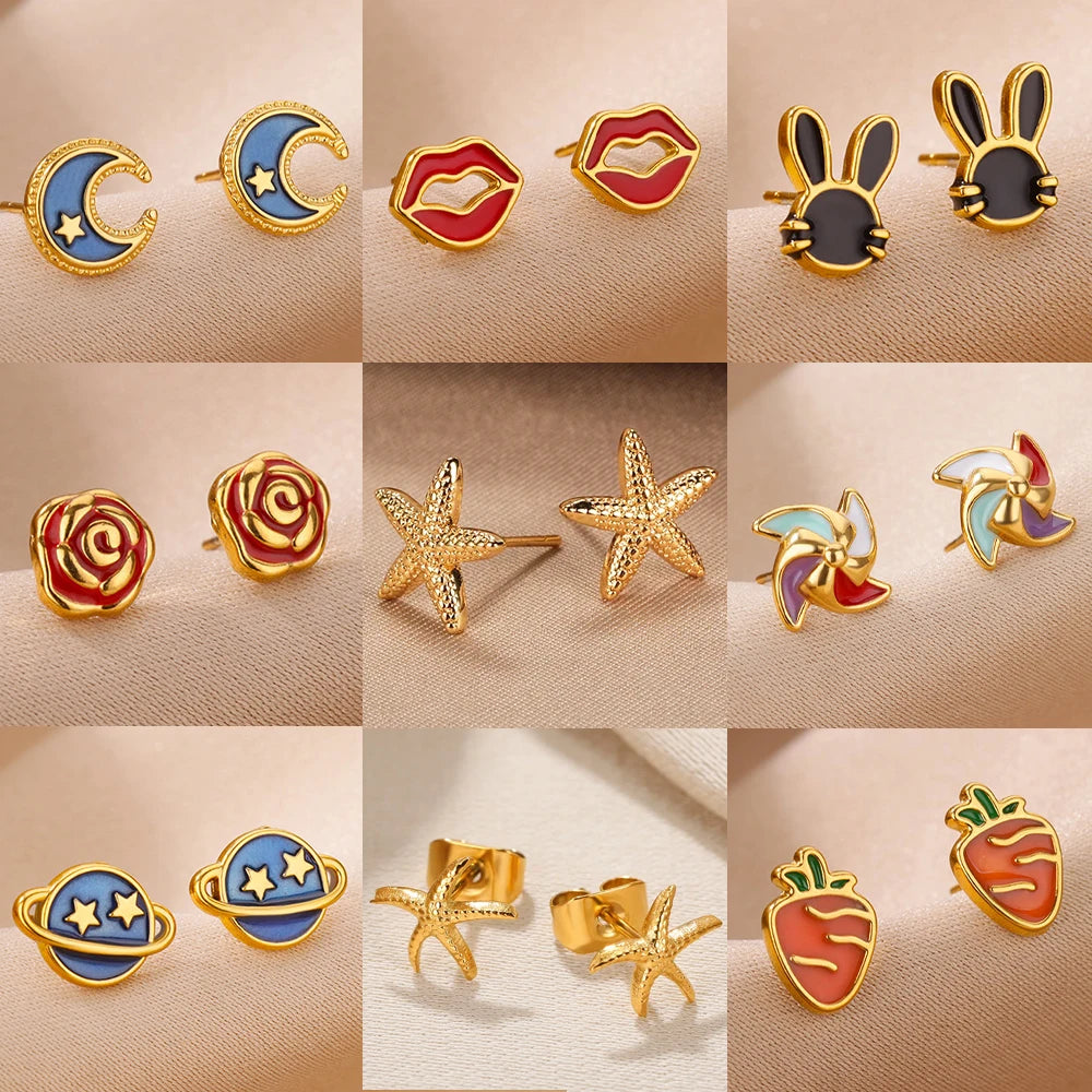 Tiny Colorful Enamel Starfish Stainless Steel Earrings for Women Trendy Gold Color Stud Earring Waterproof Vacation Jewelry Gift