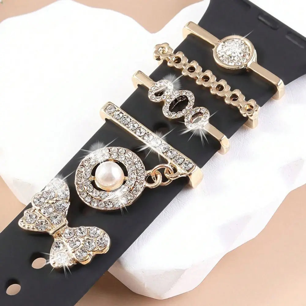 Creative Metal Charms Silicone Strap Decoration Ring For Apple Watch Band Diamond Ornament Bracelet Strap Jewelry Accessories