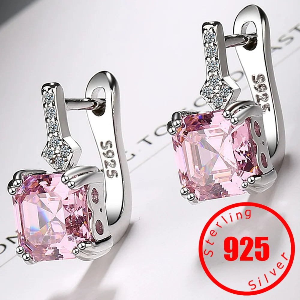 Stamp 925 Sterling Silver needle Square Crystal Gemstone Hoop Earrings For Women Trendy Jewelry Girl Gift New