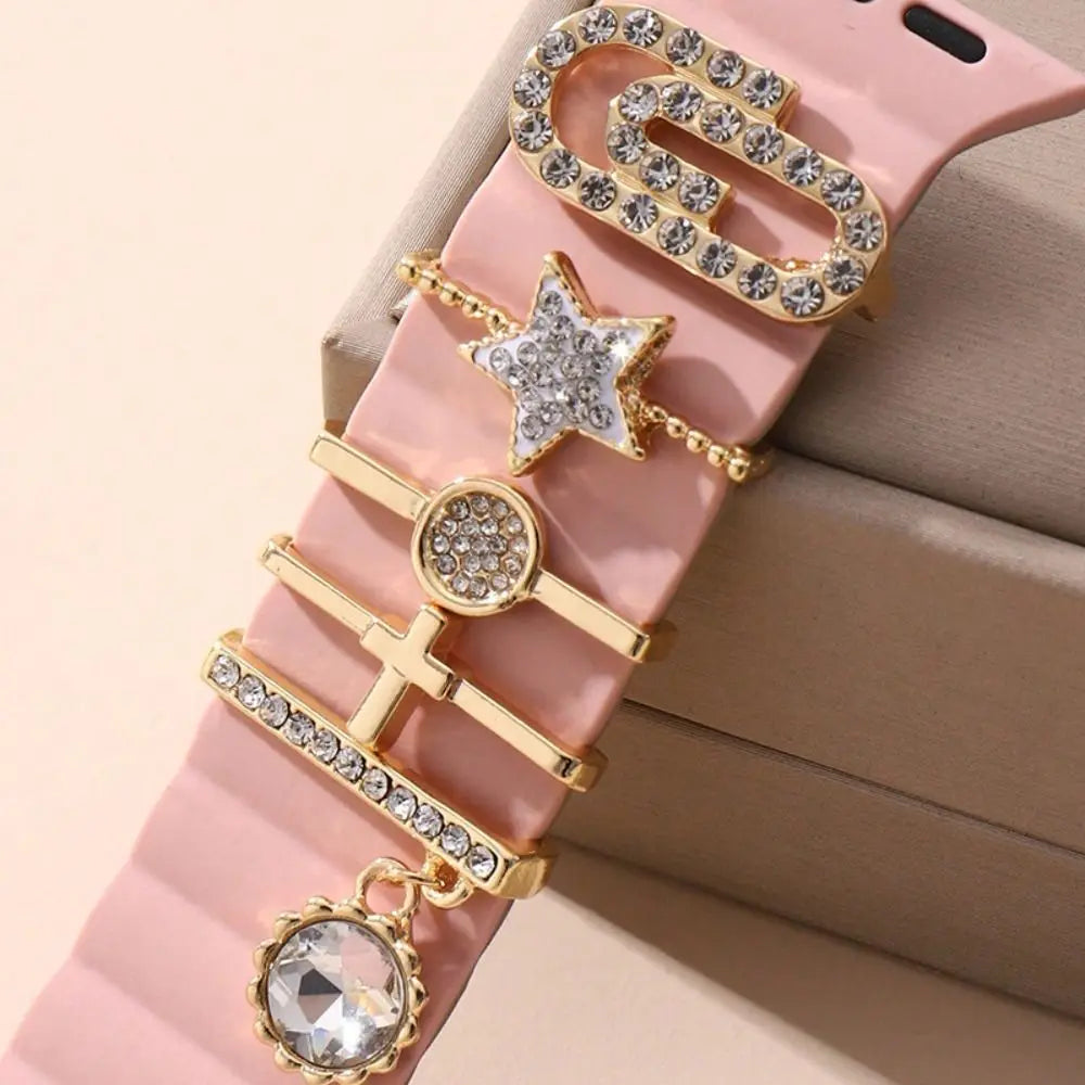 Creative Metal Charms Silicone Strap Decoration Ring For Apple Watch Band Diamond Ornament Bracelet Strap Jewelry Accessories