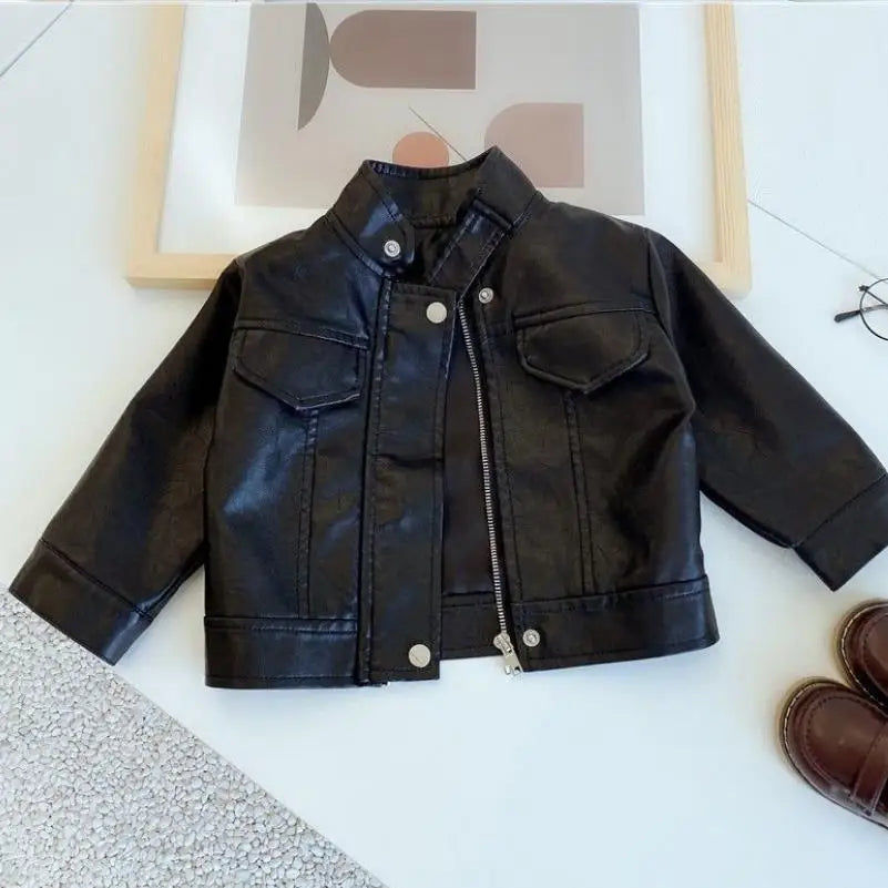 Children's Spring Autumn Korean Leather jacket Girl's lstand-up collar PU leather jacket Boy's short zippered leather jacket1-6Y