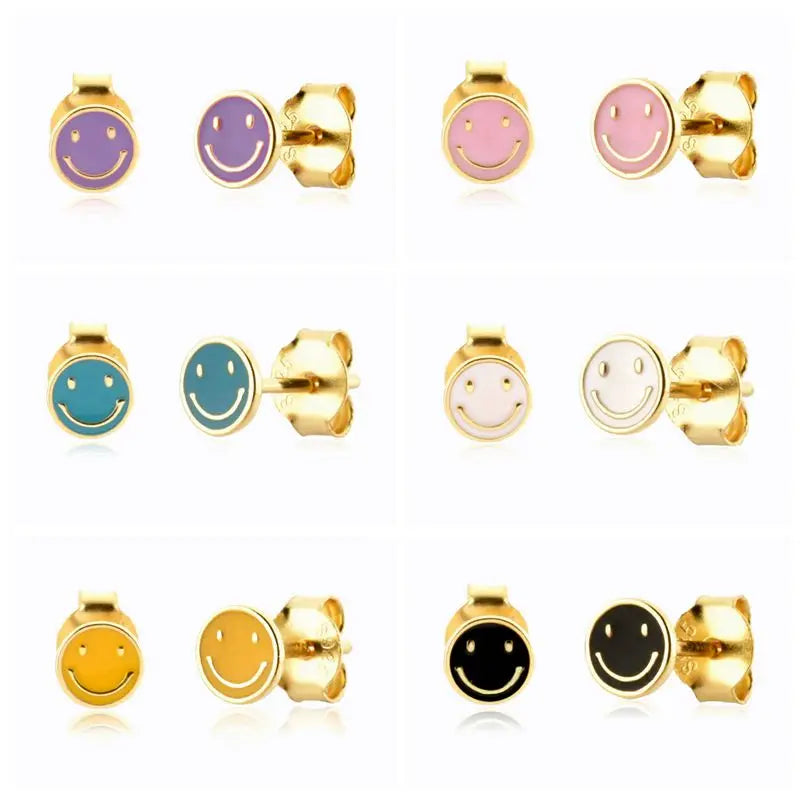 925 Sterling Silver Ear Needle Enamel Smile Face Gold Pendant Earrings Hoop Ear Buckle Party Fashion Jewelry Girl Birthday Gift