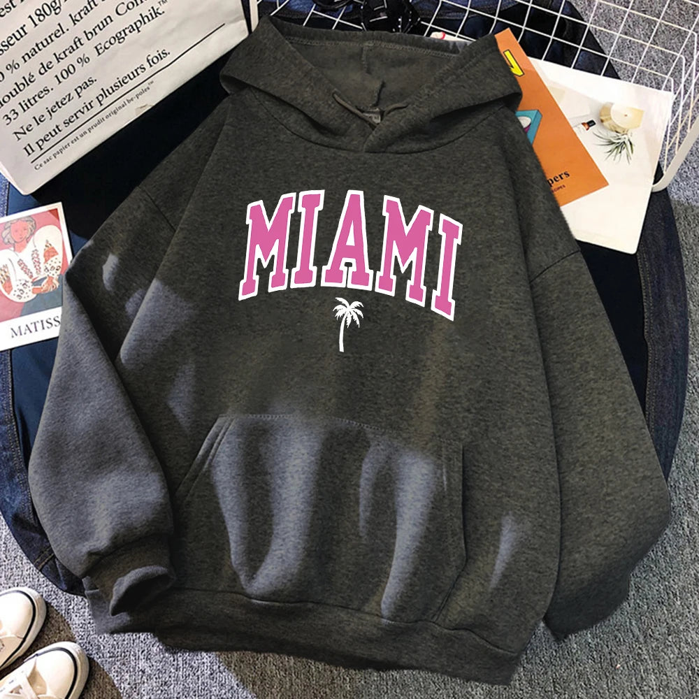 Miami Beach, Florida Usa Street Womens Hoodie Street Loose Hoodies Breathable Fleece Streetwear Casual Fleece Female Clothing