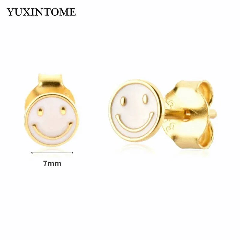 925 Sterling Silver Ear Needle Enamel Smile Face Gold Pendant Earrings Hoop Ear Buckle Party Fashion Jewelry Girl Birthday Gift