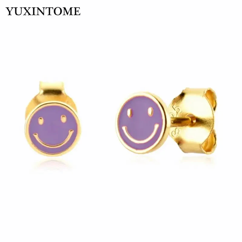 925 Sterling Silver Ear Needle Enamel Smile Face Gold Pendant Earrings Hoop Ear Buckle Party Fashion Jewelry Girl Birthday Gift