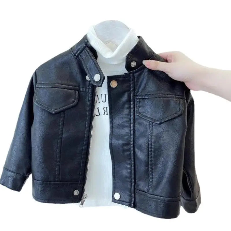 Children's Spring Autumn Korean Leather jacket Girl's lstand-up collar PU leather jacket Boy's short zippered leather jacket1-6Y