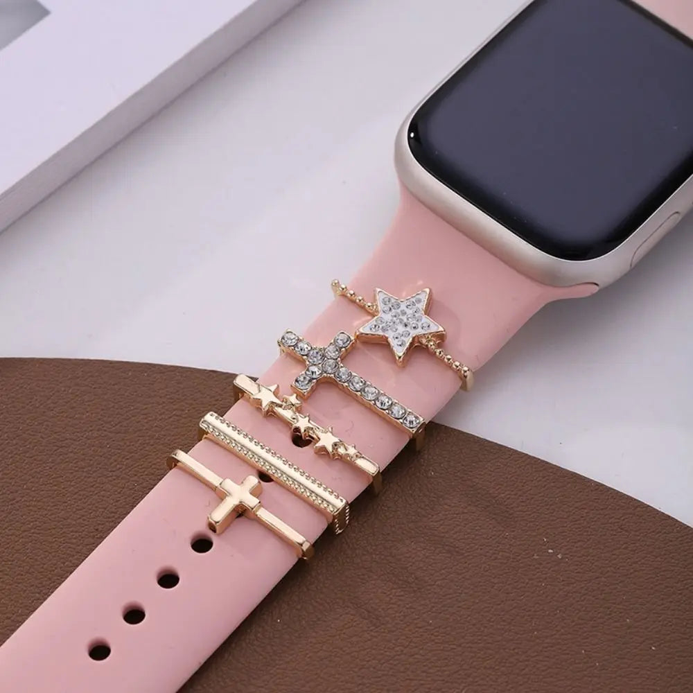 Creative Metal Charms Silicone Strap Decoration Ring For Apple Watch Band Diamond Ornament Bracelet Strap Jewelry Accessories