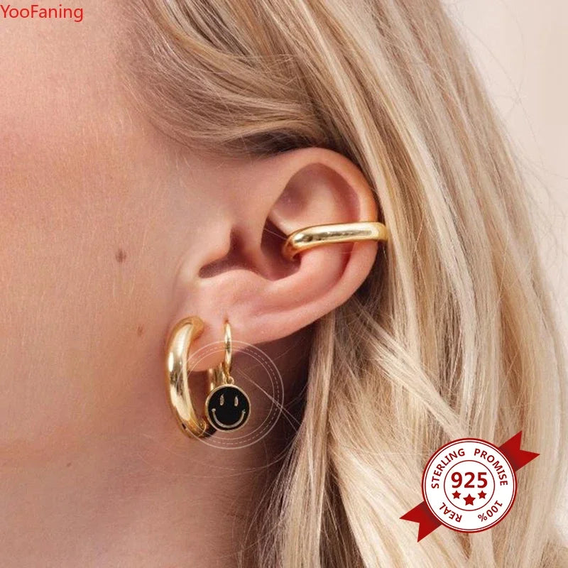 925 Sterling Silver Ear Needle Enamel Smile Face Gold Pendant Earrings Hoop Ear Buckle Party Fashion Jewelry Girl Birthday Gift