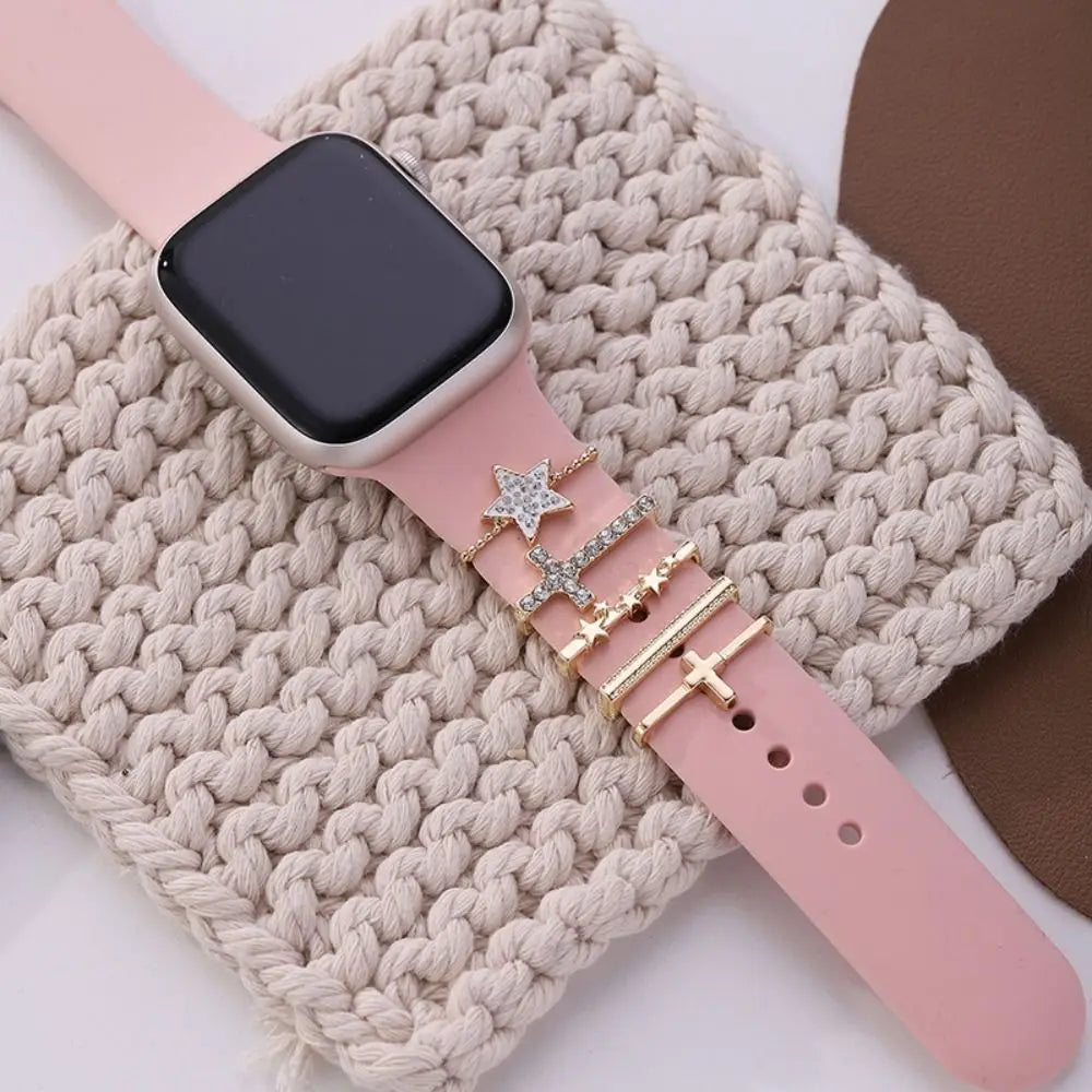 Creative Metal Charms Silicone Strap Decoration Ring For Apple Watch Band Diamond Ornament Bracelet Strap Jewelry Accessories