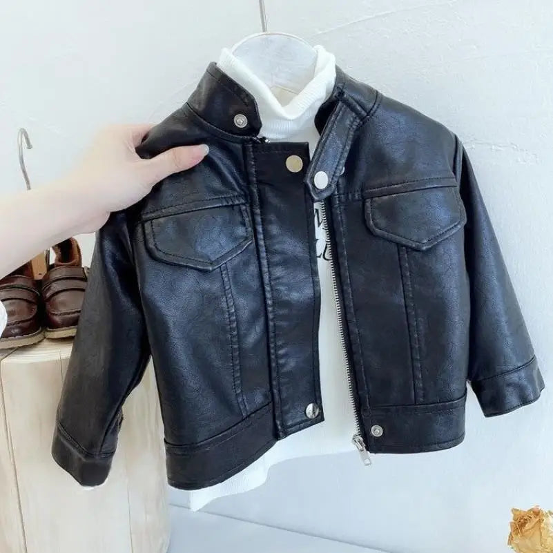 Children's Spring Autumn Korean Leather jacket Girl's lstand-up collar PU leather jacket Boy's short zippered leather jacket1-6Y