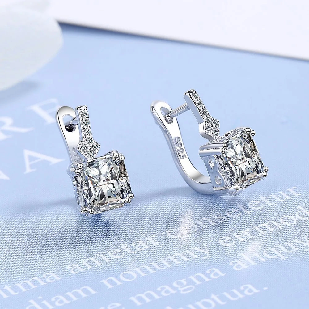 Stamp 925 Sterling Silver needle Square Crystal Gemstone Hoop Earrings For Women Trendy Jewelry Girl Gift New