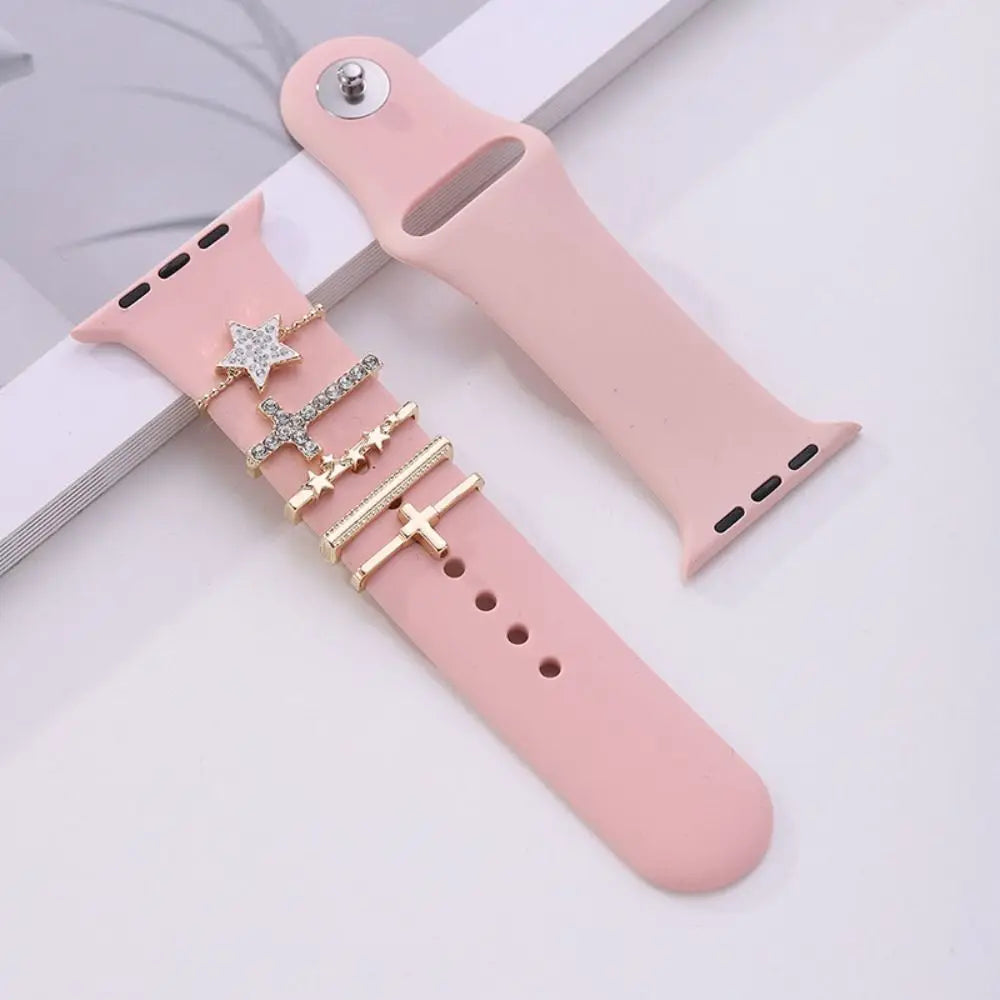 Creative Metal Charms Silicone Strap Decoration Ring For Apple Watch Band Diamond Ornament Bracelet Strap Jewelry Accessories