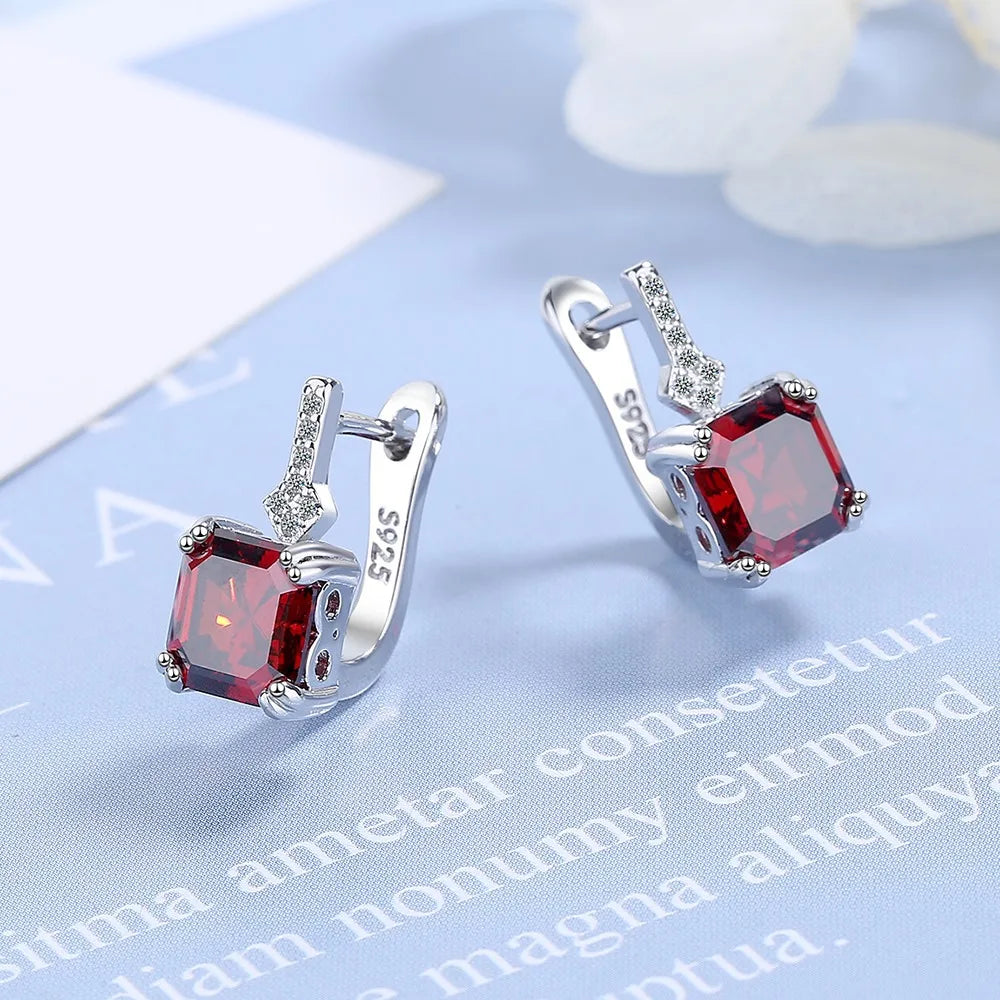 Stamp 925 Sterling Silver needle Square Crystal Gemstone Hoop Earrings For Women Trendy Jewelry Girl Gift New