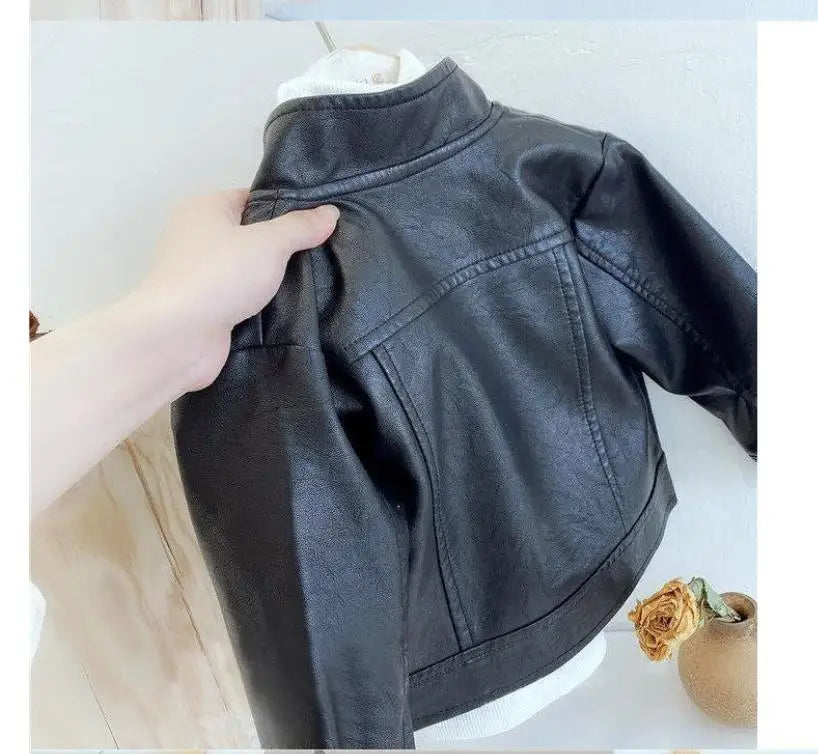 Children's Spring Autumn Korean Leather jacket Girl's lstand-up collar PU leather jacket Boy's short zippered leather jacket1-6Y