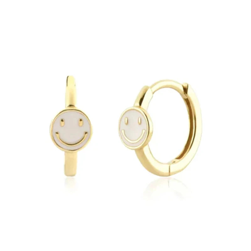 925 Sterling Silver Ear Needle Enamel Smile Face Gold Pendant Earrings Hoop Ear Buckle Party Fashion Jewelry Girl Birthday Gift