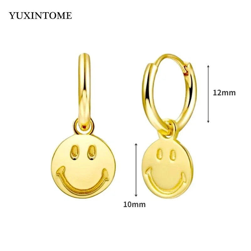 925 Sterling Silver Ear Needle Enamel Smile Face Gold Pendant Earrings Hoop Ear Buckle Party Fashion Jewelry Girl Birthday Gift