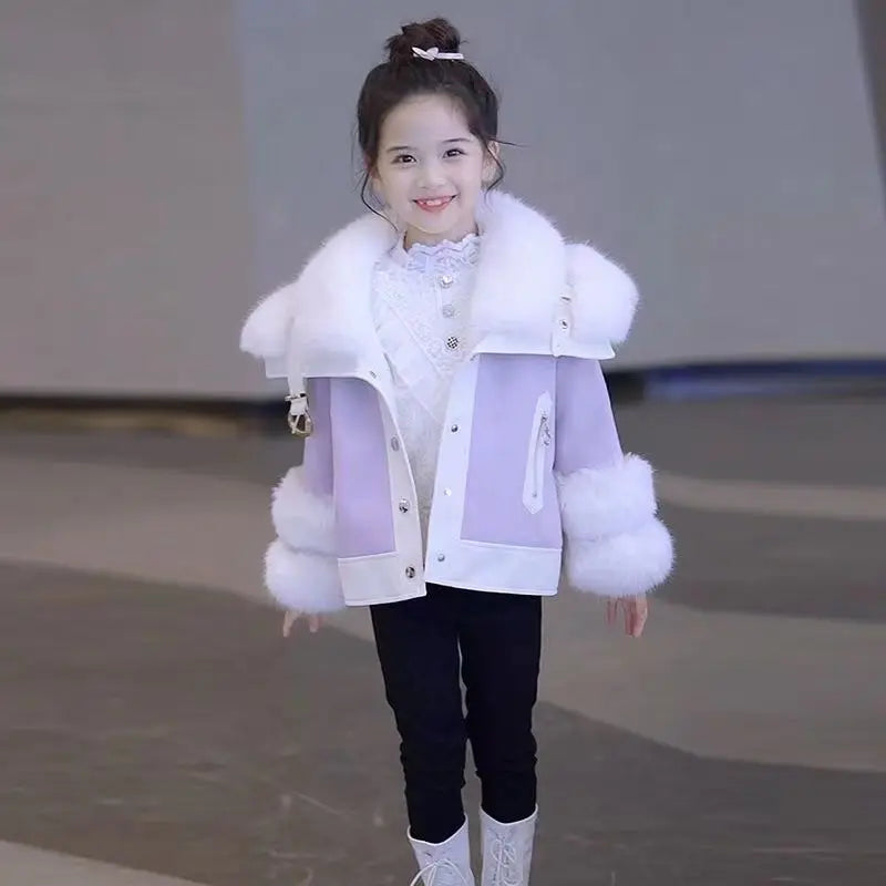 Girls Velvet Padded Thickened Coat2024Autumn and Winter Princess Children's Fur Integrated Furry Sweater