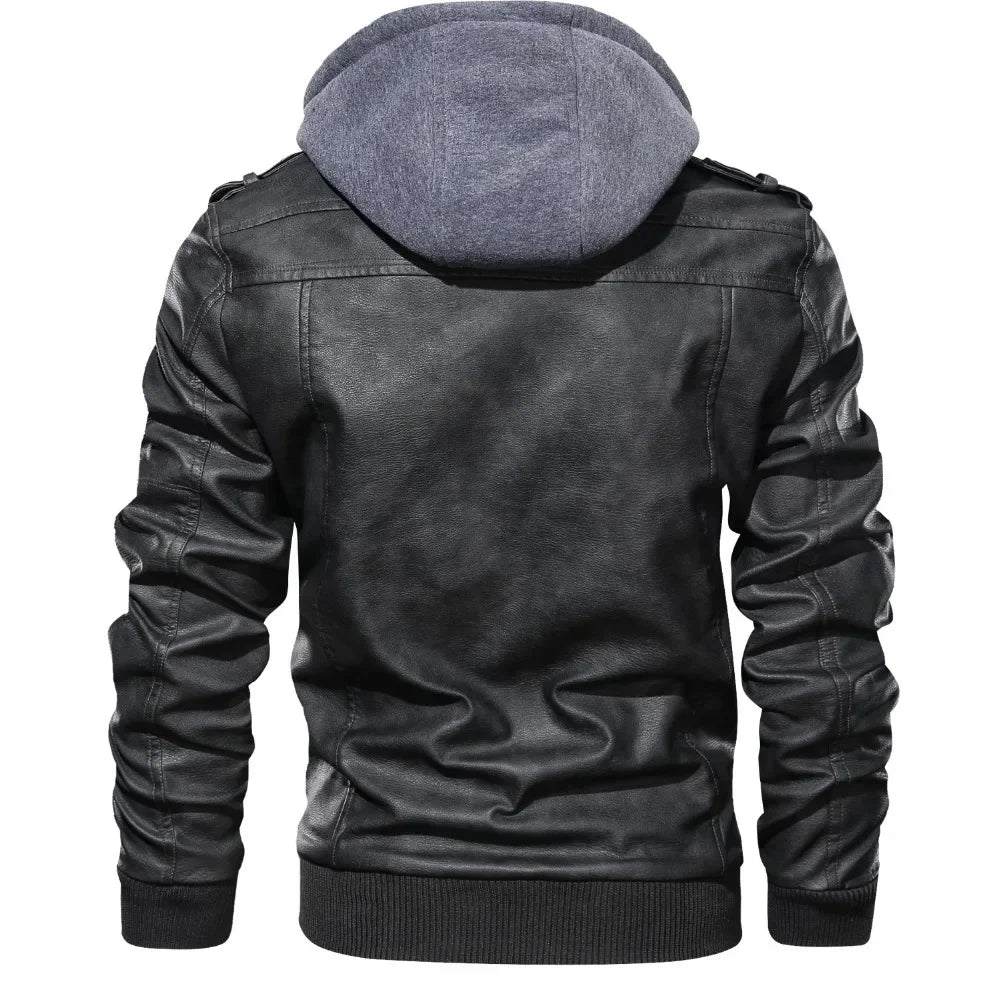 Mandylandy Biker Leather Jacket Men Zipper Pu Jacket Autumn Detachable Hat Casual Leather Clothing Hooded Autumn Locomotive Coat