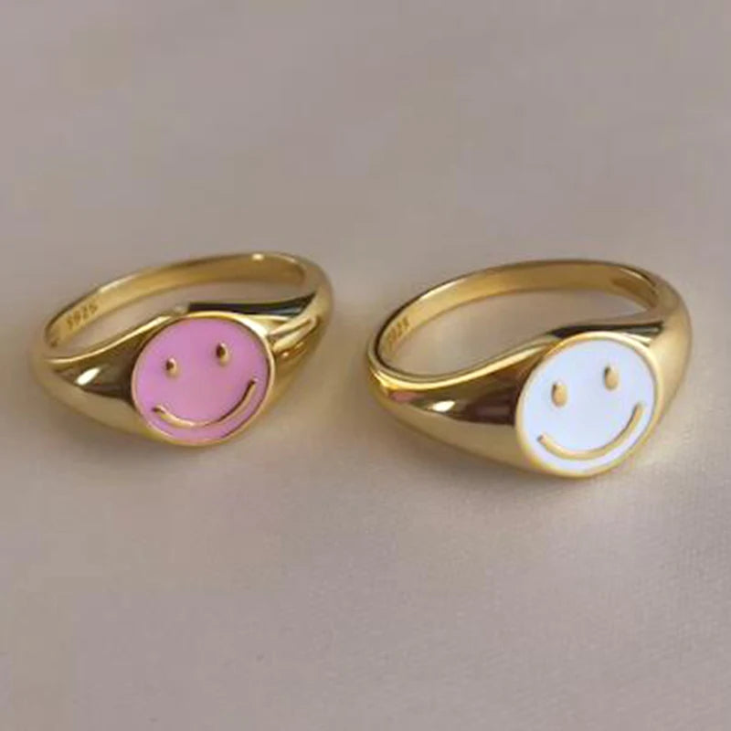 925 Sterling Silver Ear Needle Enamel Smile Face Gold Pendant Earrings Hoop Ear Buckle Party Fashion Jewelry Girl Birthday Gift