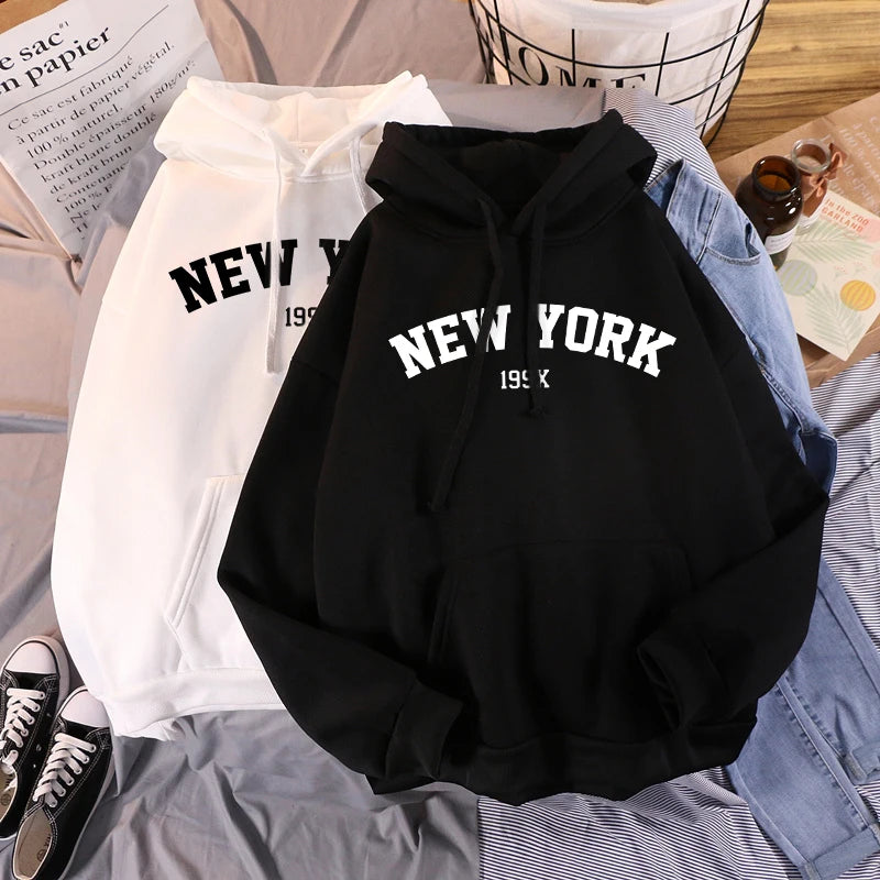 Female 2020 Thicken Warm Hoodies Lady Autumn Tops NEW Sweatshirts Velvet Winter Women's NEW YORK Printing Hooded Hoodies