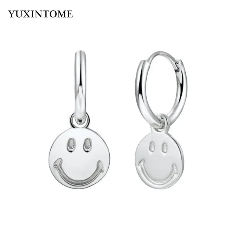 925 Sterling Silver Ear Needle Enamel Smile Face Gold Pendant Earrings Hoop Ear Buckle Party Fashion Jewelry Girl Birthday Gift