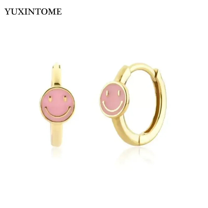 925 Sterling Silver Ear Needle Enamel Smile Face Gold Pendant Earrings Hoop Ear Buckle Party Fashion Jewelry Girl Birthday Gift