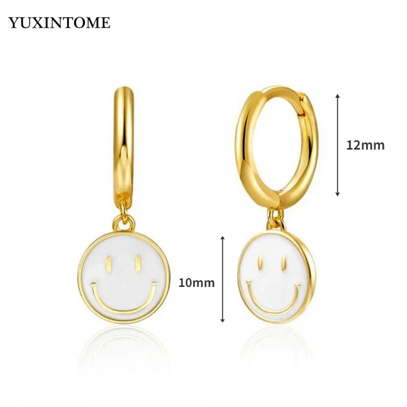 925 Sterling Silver Ear Needle Enamel Smile Face Gold Pendant Earrings Hoop Ear Buckle Party Fashion Jewelry Girl Birthday Gift