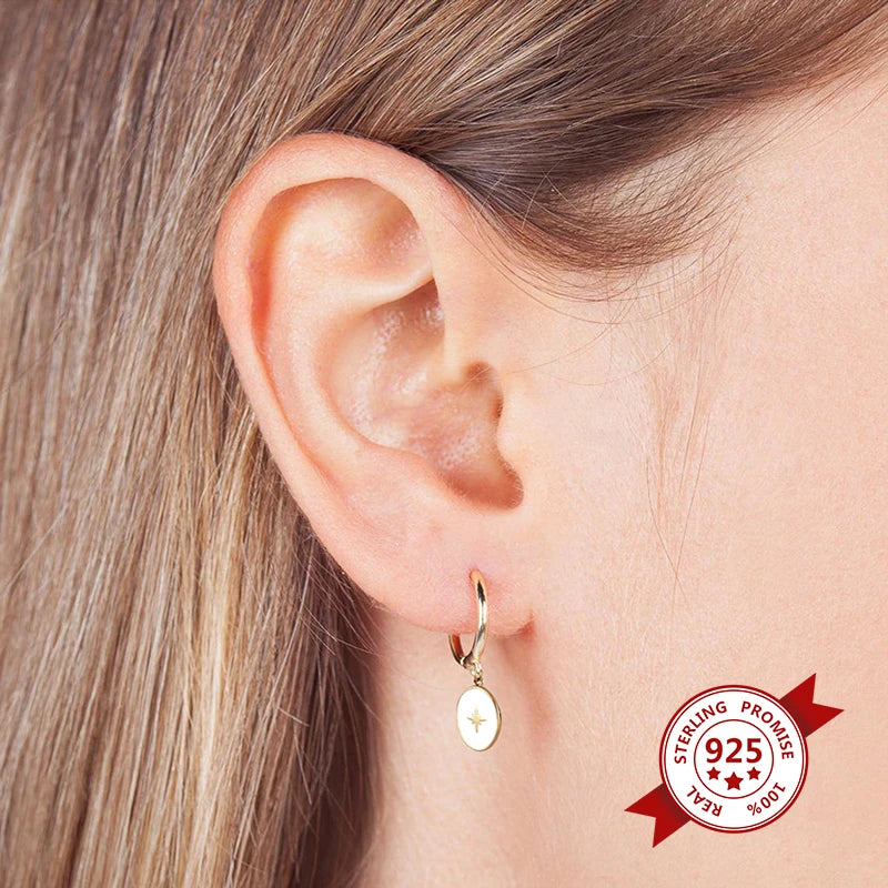 925 Sterling Silver Ear Needle Enamel Smile Face Gold Pendant Earrings Hoop Ear Buckle Party Fashion Jewelry Girl Birthday Gift