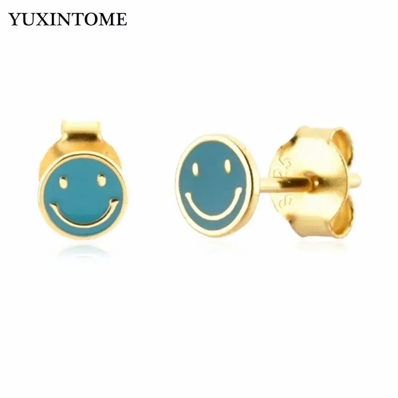 925 Sterling Silver Ear Needle Enamel Smile Face Gold Pendant Earrings Hoop Ear Buckle Party Fashion Jewelry Girl Birthday Gift