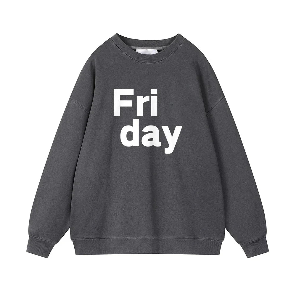 Hirsionsan 2024 New Spring Autumn Casual “Friday” Letter Print Sweatshirt Women Soft O Neck Ladies Vintage Pullovers Casual Tops