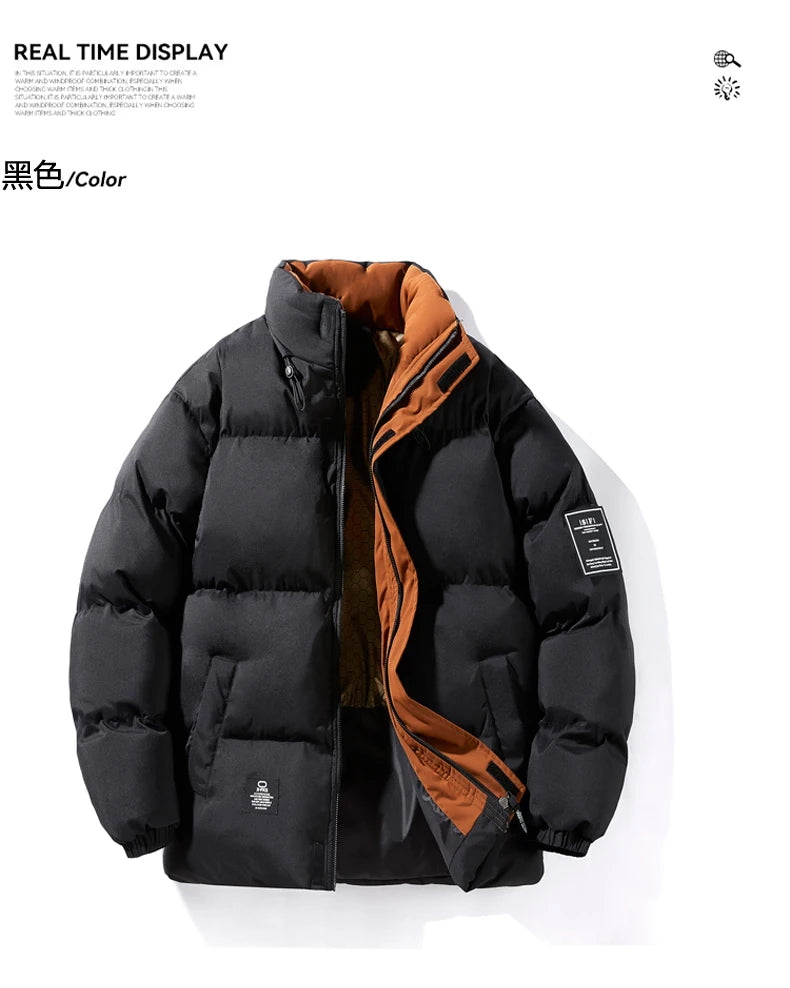 Patchwork Thicken Puffer Jacket Men New Winter Parka Down Coat Korean Fashion Mens High Street Stand Collar Cotton-Padded Jacket