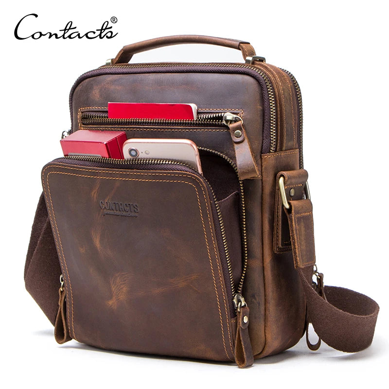 CONTACT'S Crazy Horse Leather Men's Shoulder Bag Vintage Messenger Bags Men Bolsos Male Crossbody Bags Man's Handbag Sling Bag